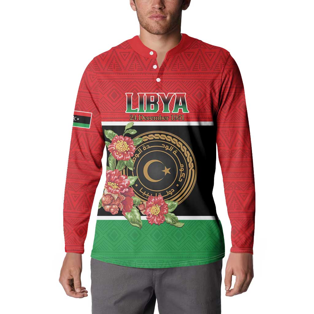 Personalized Libya Independence Day Button Sweatshirt Pomegranate Blossom With Libyan Seal - Wonder Print Shop