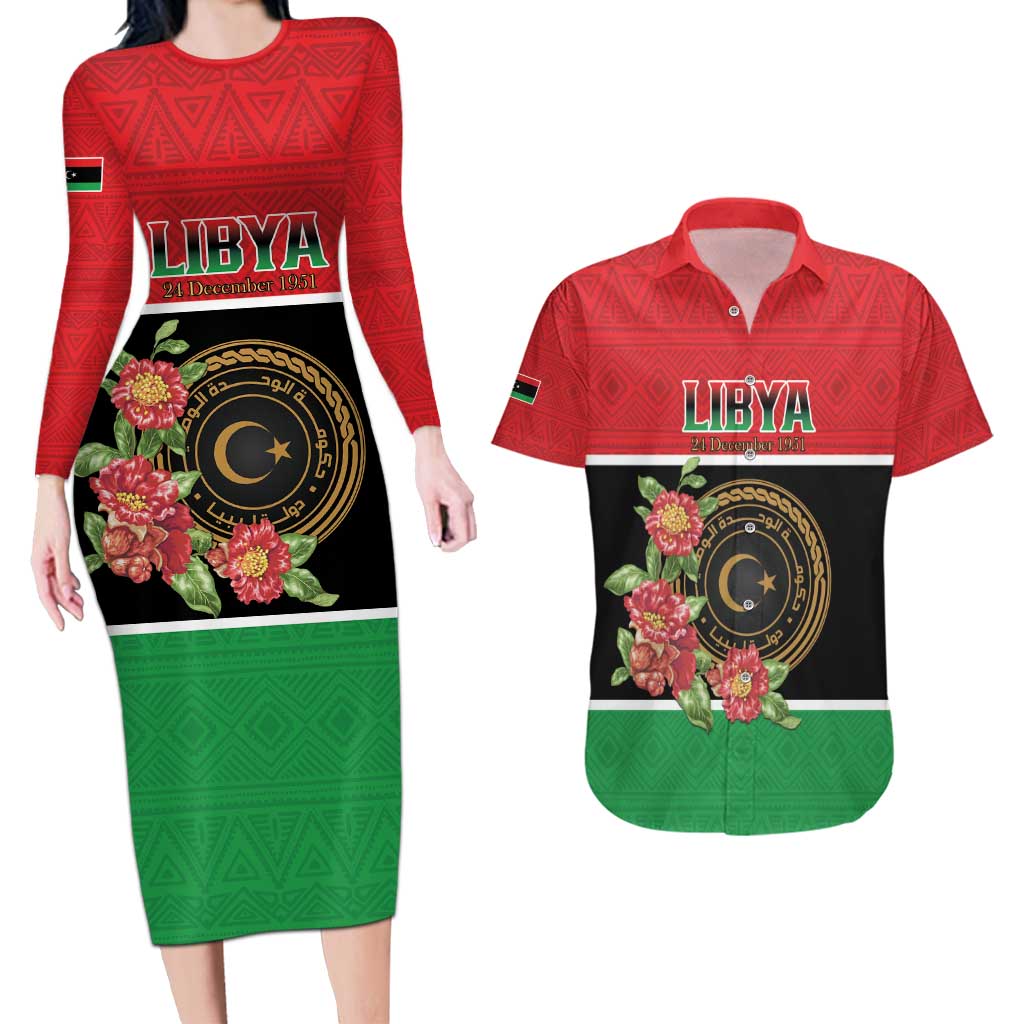 Personalized Libya Independence Day Couples Matching Long Sleeve Bodycon Dress and Hawaiian Shirt Pomegranate Blossom With Libyan Seal - Wonder Print Shop