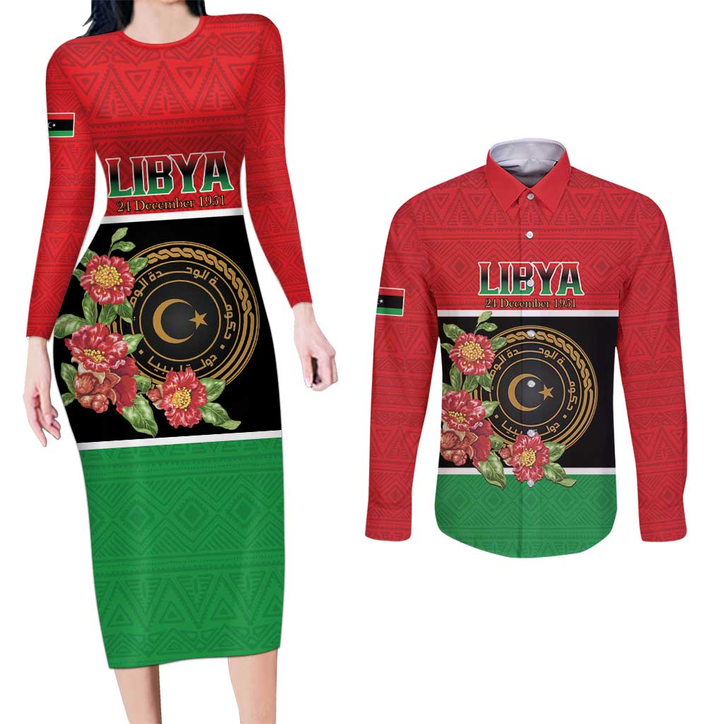 Personalized Libya Independence Day Couples Matching Long Sleeve Bodycon Dress and Long Sleeve Button Shirt Pomegranate Blossom With Libyan Seal - Wonder Print Shop