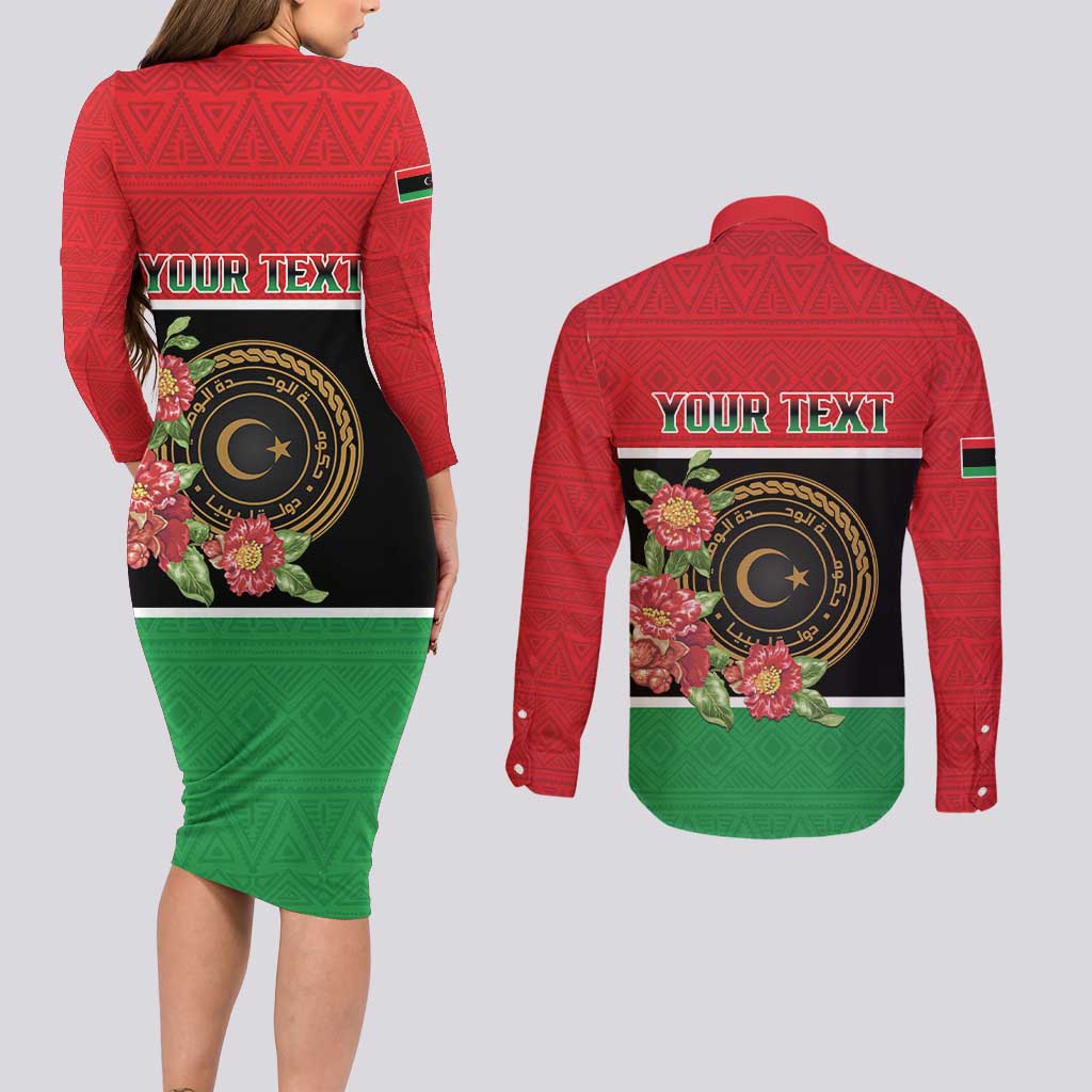 Personalized Libya Independence Day Couples Matching Long Sleeve Bodycon Dress and Long Sleeve Button Shirt Pomegranate Blossom With Libyan Seal - Wonder Print Shop