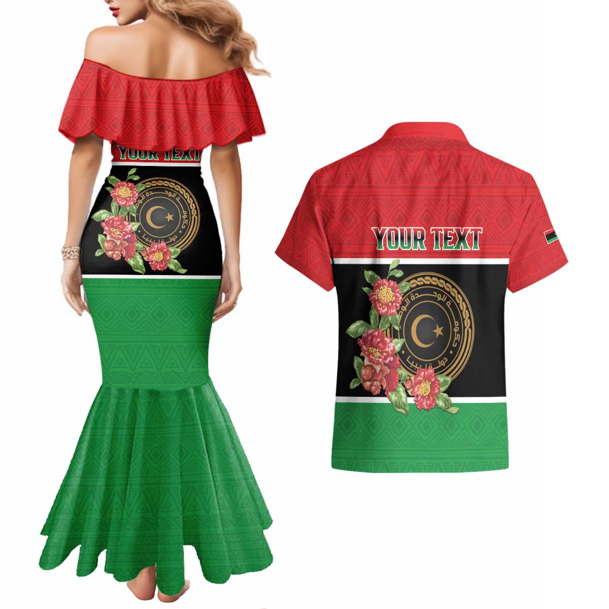 Personalized Libya Independence Day Couples Matching Mermaid Dress and Hawaiian Shirt Pomegranate Blossom With Libyan Seal - Wonder Print Shop