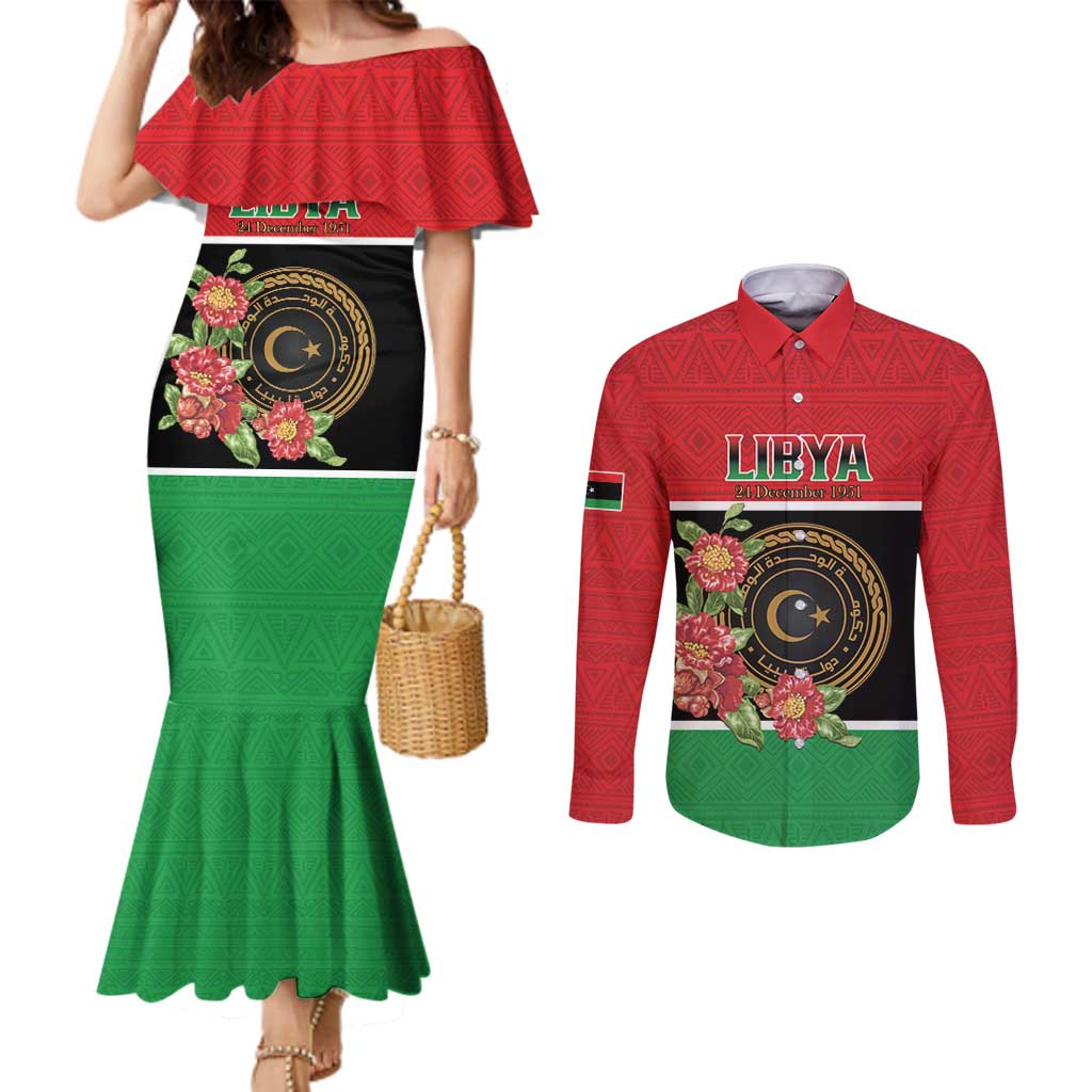Personalized Libya Independence Day Couples Matching Mermaid Dress and Long Sleeve Button Shirt Pomegranate Blossom With Libyan Seal - Wonder Print Shop