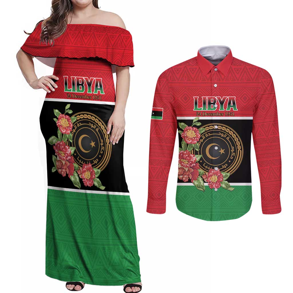 Personalized Libya Independence Day Couples Matching Off Shoulder Maxi Dress and Long Sleeve Button Shirt Pomegranate Blossom With Libyan Seal - Wonder Print Shop