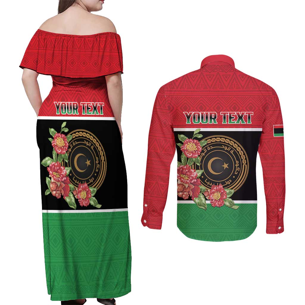 Personalized Libya Independence Day Couples Matching Off Shoulder Maxi Dress and Long Sleeve Button Shirt Pomegranate Blossom With Libyan Seal - Wonder Print Shop