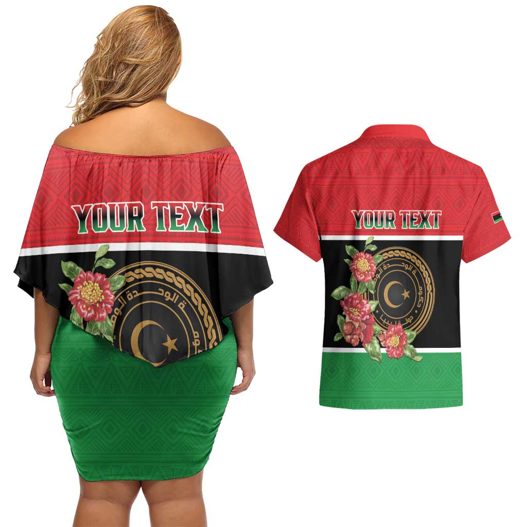 Personalized Libya Independence Day Couples Matching Off Shoulder Short Dress and Hawaiian Shirt Pomegranate Blossom With Libyan Seal - Wonder Print Shop