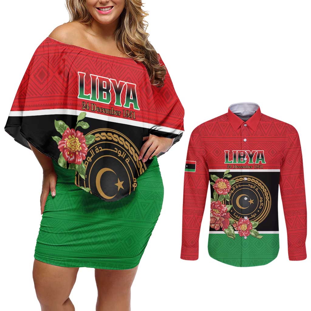 Personalized Libya Independence Day Couples Matching Off Shoulder Short Dress and Long Sleeve Button Shirt Pomegranate Blossom With Libyan Seal - Wonder Print Shop