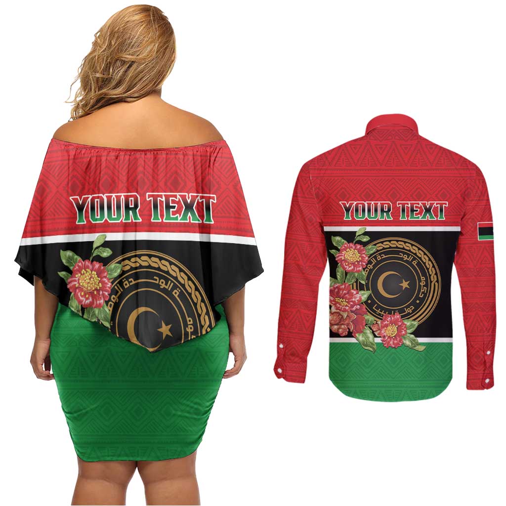 Personalized Libya Independence Day Couples Matching Off Shoulder Short Dress and Long Sleeve Button Shirt Pomegranate Blossom With Libyan Seal - Wonder Print Shop
