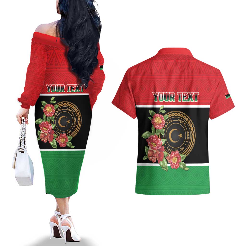 Personalized Libya Independence Day Couples Matching Off The Shoulder Long Sleeve Dress and Hawaiian Shirt Pomegranate Blossom With Libyan Seal - Wonder Print Shop