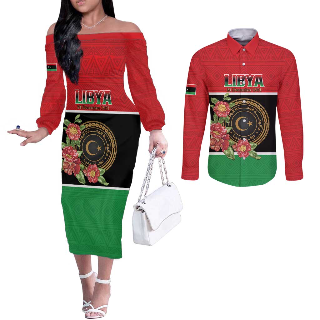Personalized Libya Independence Day Couples Matching Off The Shoulder Long Sleeve Dress and Long Sleeve Button Shirt Pomegranate Blossom With Libyan Seal - Wonder Print Shop