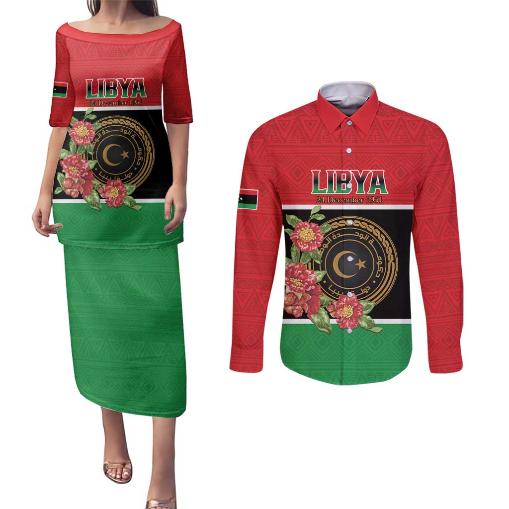 Personalized Libya Independence Day Couples Matching Puletasi and Long Sleeve Button Shirt Pomegranate Blossom With Libyan Seal - Wonder Print Shop