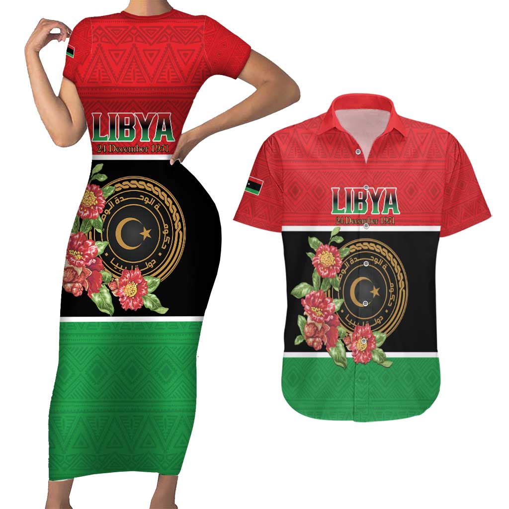 Personalized Libya Independence Day Couples Matching Short Sleeve Bodycon Dress and Hawaiian Shirt Pomegranate Blossom With Libyan Seal - Wonder Print Shop