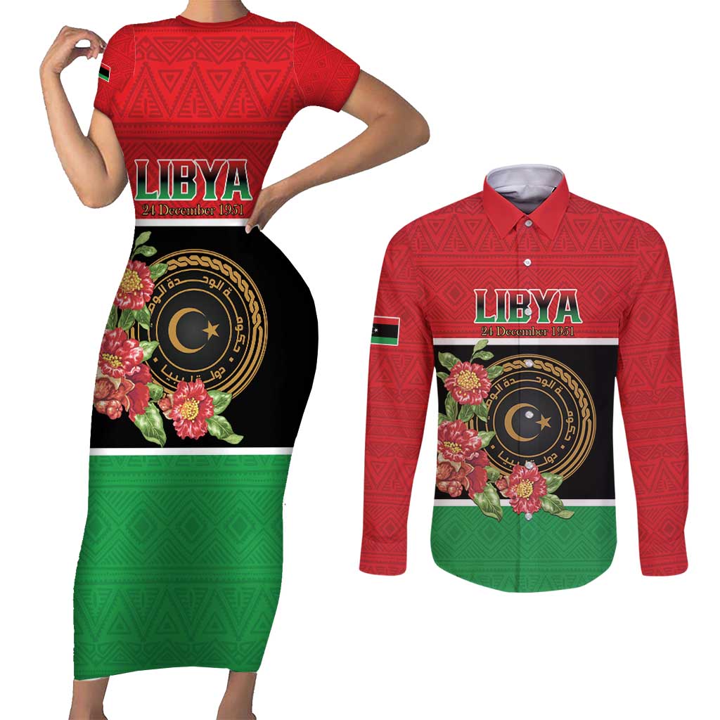 Personalized Libya Independence Day Couples Matching Short Sleeve Bodycon Dress and Long Sleeve Button Shirt Pomegranate Blossom With Libyan Seal - Wonder Print Shop