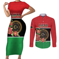 Personalized Libya Independence Day Couples Matching Short Sleeve Bodycon Dress and Long Sleeve Button Shirt Pomegranate Blossom With Libyan Seal - Wonder Print Shop