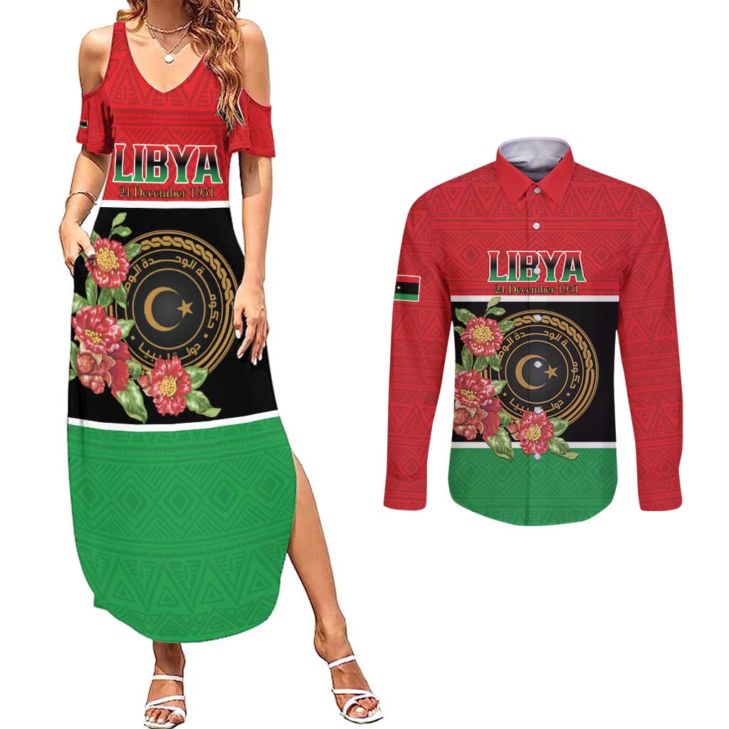 Personalized Libya Independence Day Couples Matching Summer Maxi Dress and Long Sleeve Button Shirt Pomegranate Blossom With Libyan Seal - Wonder Print Shop