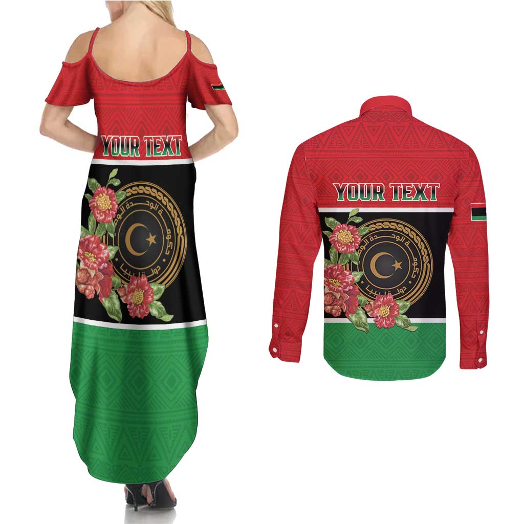 Personalized Libya Independence Day Couples Matching Summer Maxi Dress and Long Sleeve Button Shirt Pomegranate Blossom With Libyan Seal - Wonder Print Shop