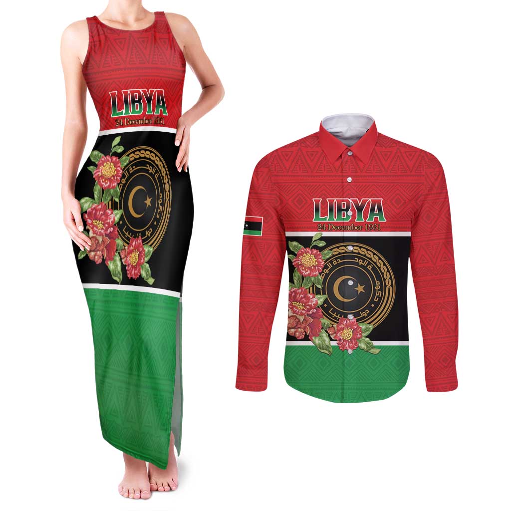 Personalized Libya Independence Day Couples Matching Tank Maxi Dress and Long Sleeve Button Shirt Pomegranate Blossom With Libyan Seal - Wonder Print Shop