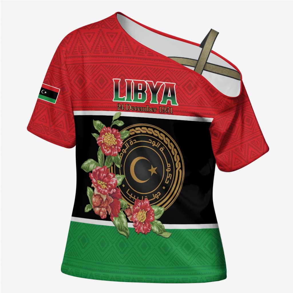 Personalized Libya Independence Day Cross Shoulder Shirt Pomegranate Blossom With Libyan Seal - Wonder Print Shop