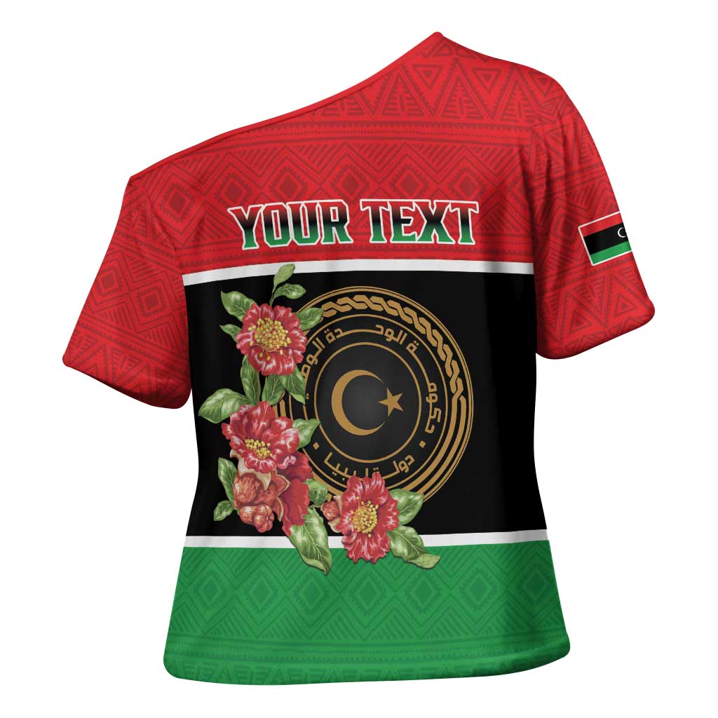 Personalized Libya Independence Day Cross Shoulder Shirt Pomegranate Blossom With Libyan Seal - Wonder Print Shop