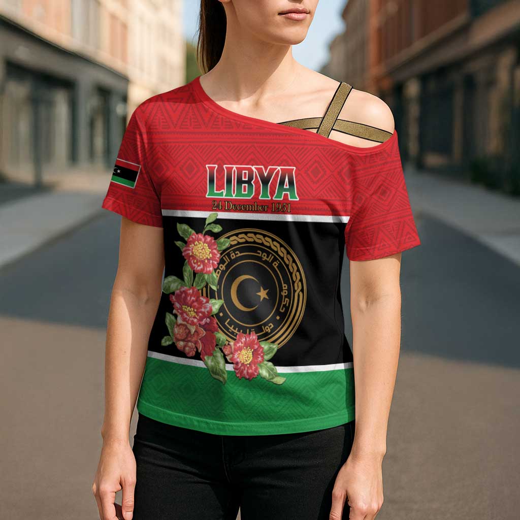 Personalized Libya Independence Day Cross Shoulder Shirt Pomegranate Blossom With Libyan Seal - Wonder Print Shop