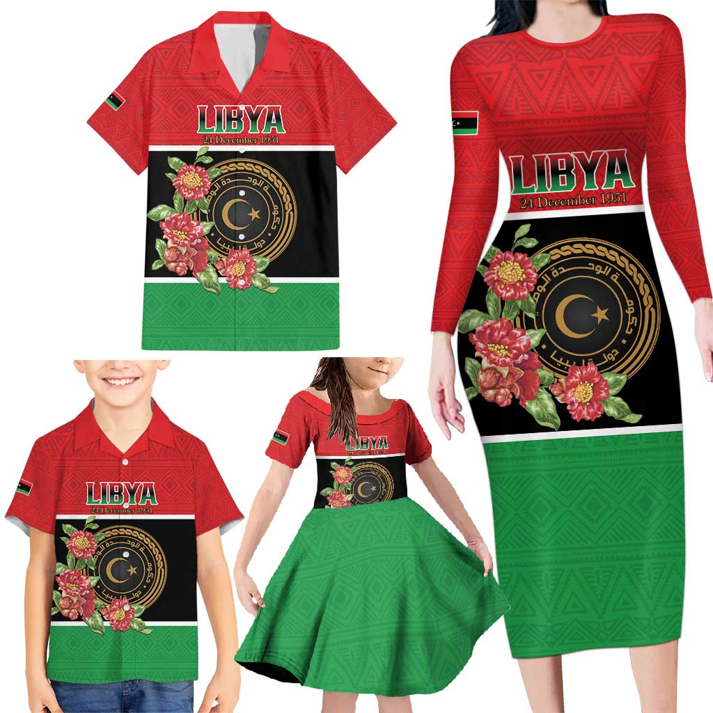 Personalized Libya Independence Day Family Matching Long Sleeve Bodycon Dress and Hawaiian Shirt Pomegranate Blossom With Libyan Seal - Wonder Print Shop