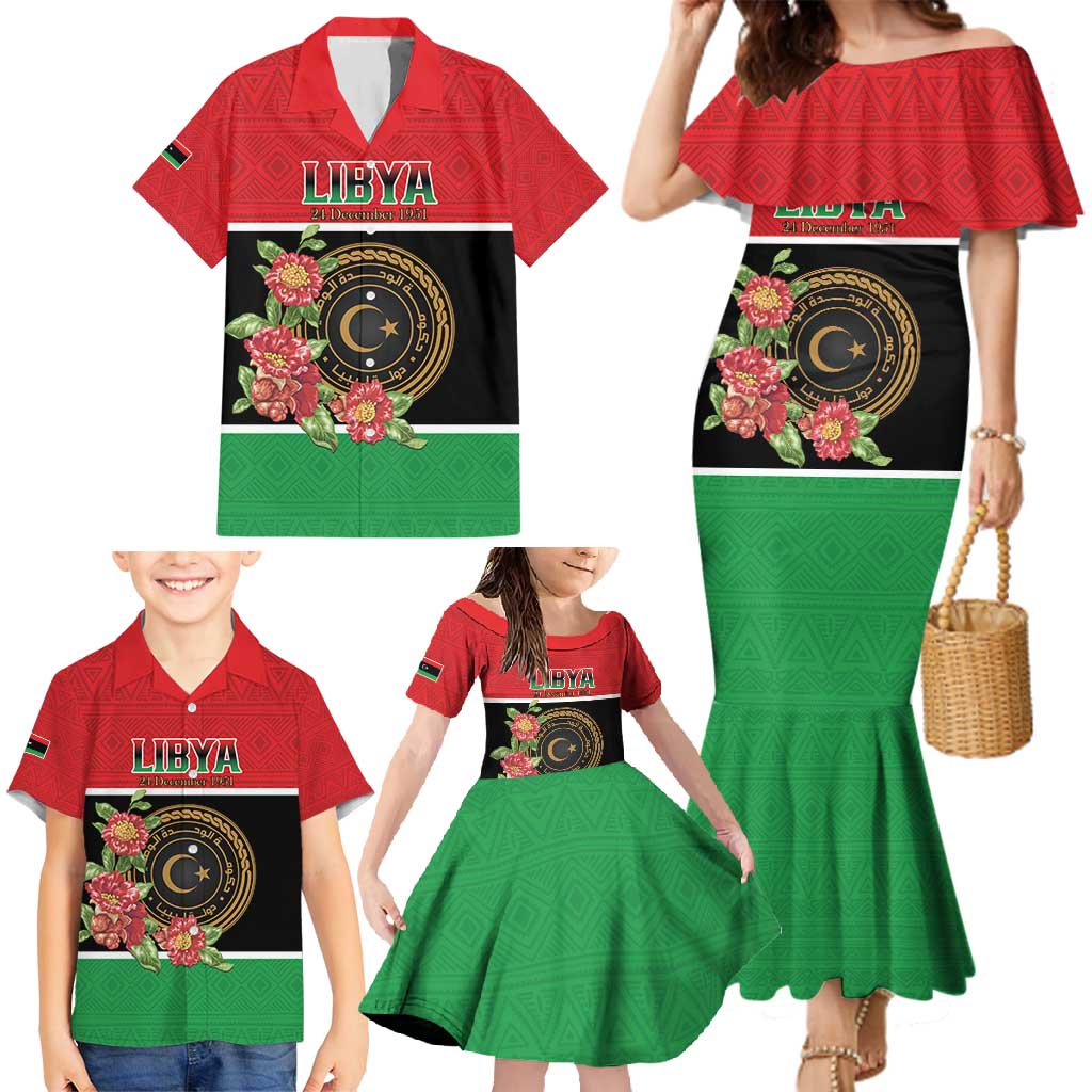 Personalized Libya Independence Day Family Matching Mermaid Dress and Hawaiian Shirt Pomegranate Blossom With Libyan Seal - Wonder Print Shop