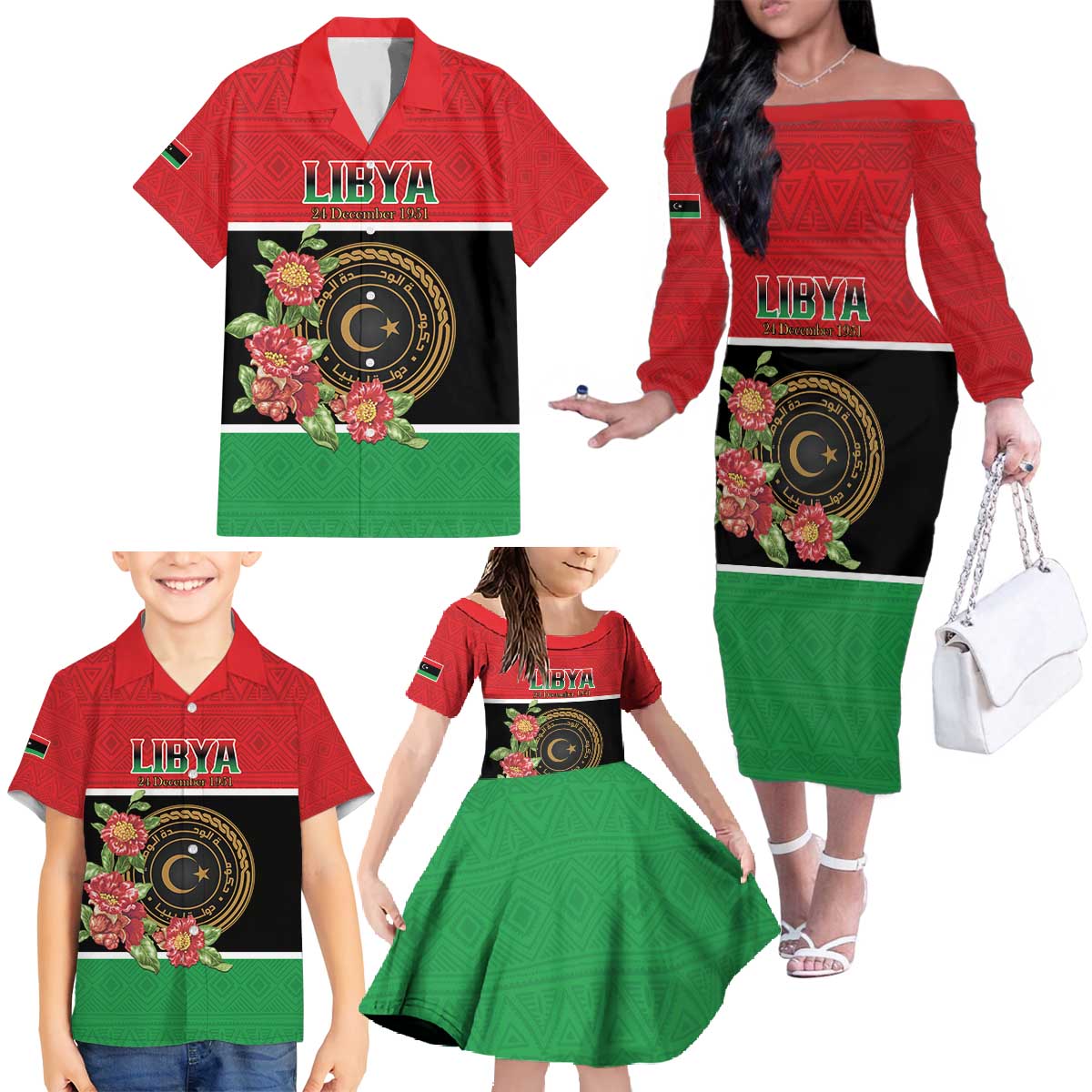 Personalized Libya Independence Day Family Matching Off The Shoulder Long Sleeve Dress and Hawaiian Shirt Pomegranate Blossom With Libyan Seal - Wonder Print Shop