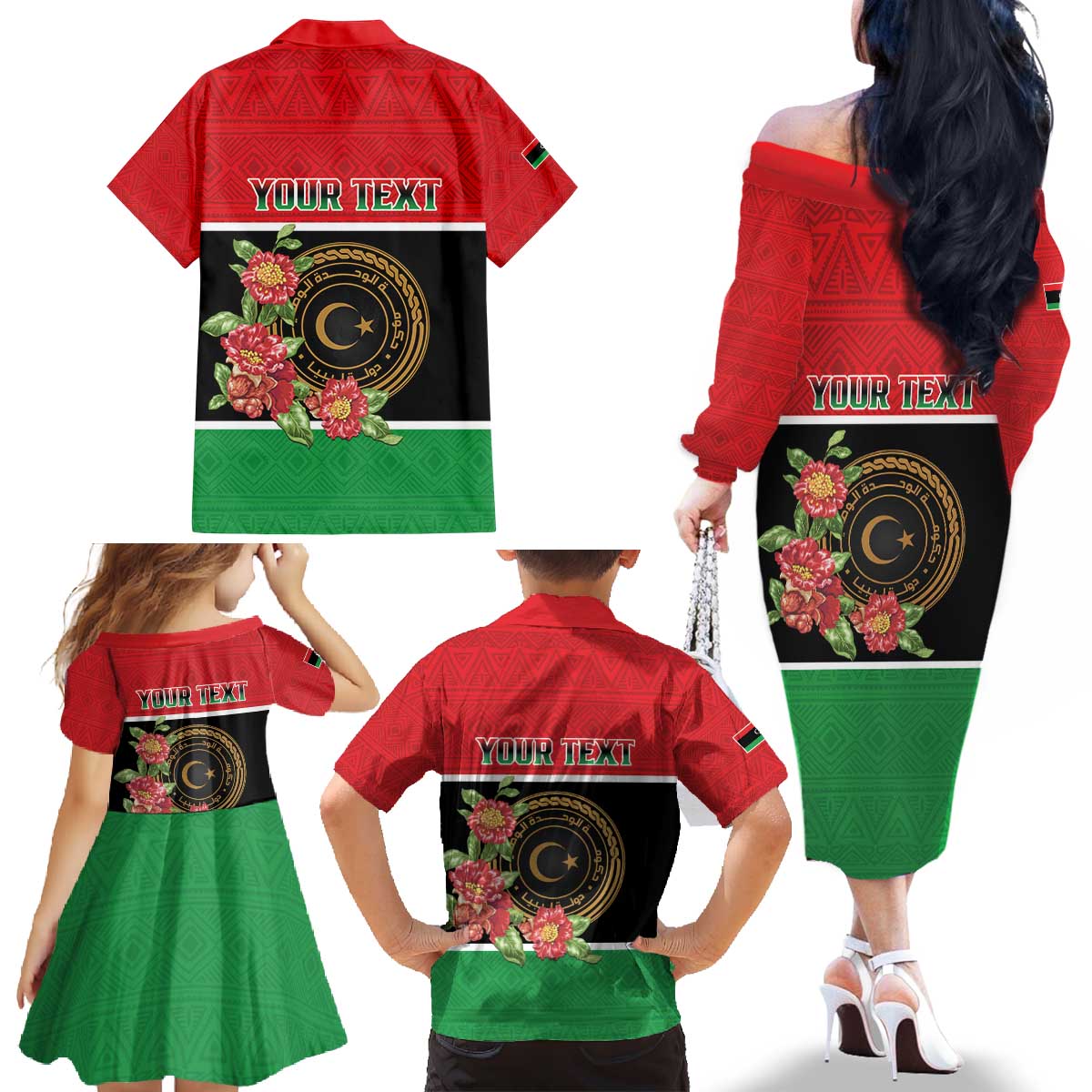 Personalized Libya Independence Day Family Matching Off The Shoulder Long Sleeve Dress and Hawaiian Shirt Pomegranate Blossom With Libyan Seal - Wonder Print Shop