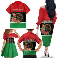 Personalized Libya Independence Day Family Matching Off The Shoulder Long Sleeve Dress and Hawaiian Shirt Pomegranate Blossom With Libyan Seal - Wonder Print Shop