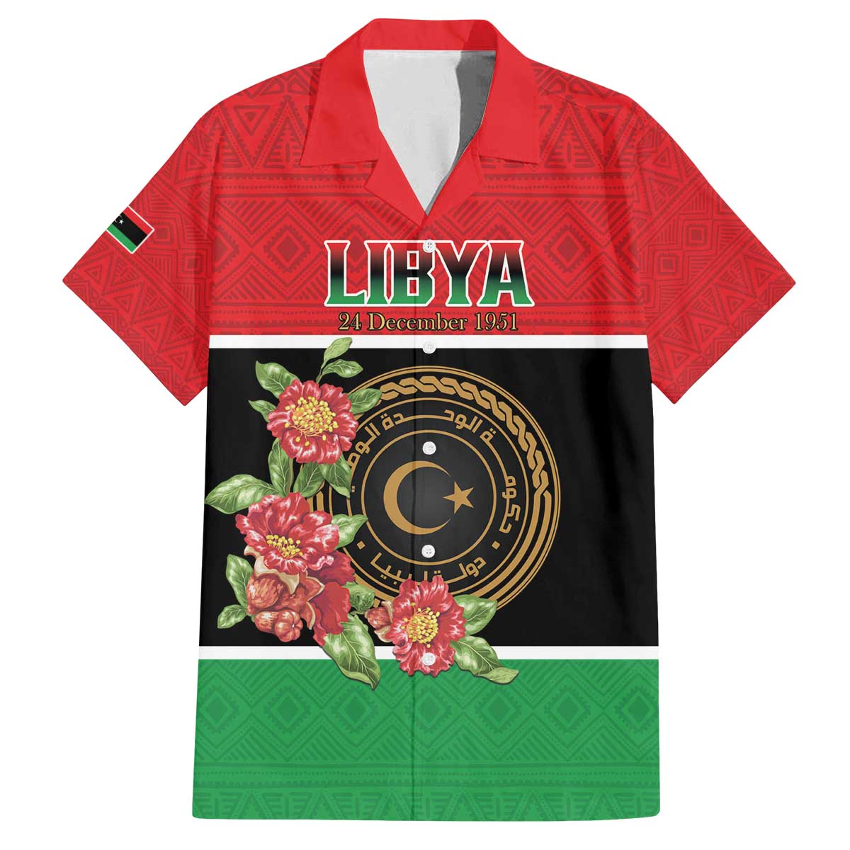 Personalized Libya Independence Day Family Matching Off The Shoulder Long Sleeve Dress and Hawaiian Shirt Pomegranate Blossom With Libyan Seal - Wonder Print Shop