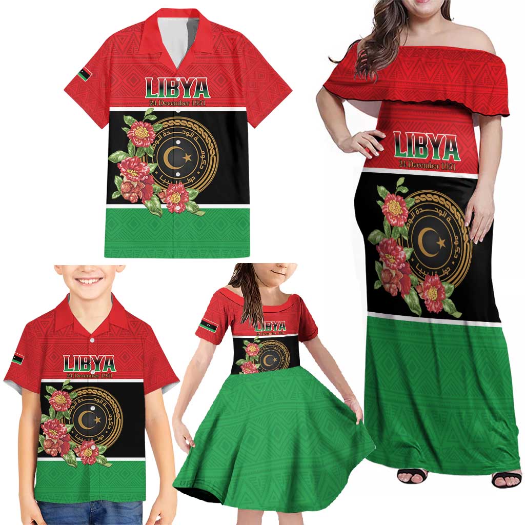 Personalized Libya Independence Day Family Matching Off Shoulder Maxi Dress and Hawaiian Shirt Pomegranate Blossom With Libyan Seal - Wonder Print Shop