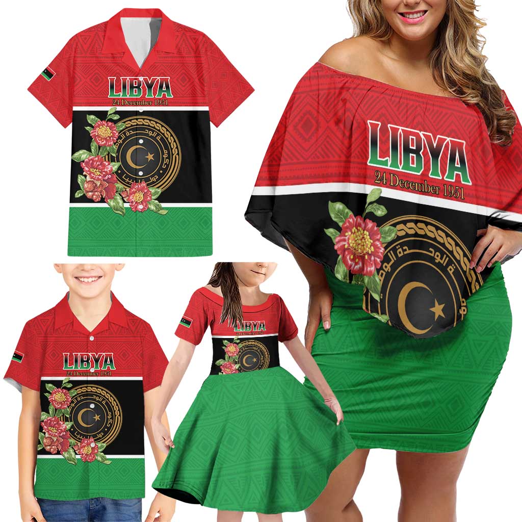 Personalized Libya Independence Day Family Matching Off Shoulder Short Dress and Hawaiian Shirt Pomegranate Blossom With Libyan Seal - Wonder Print Shop
