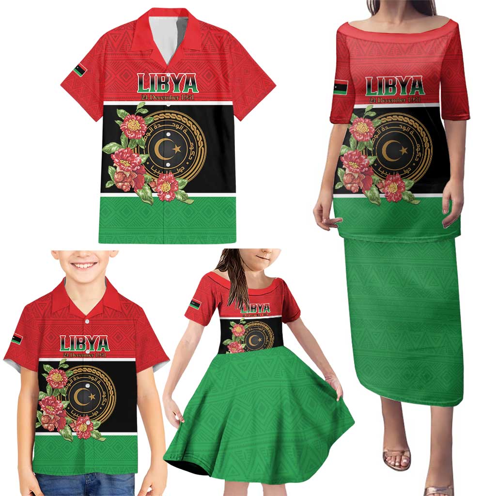 Personalized Libya Independence Day Family Matching Puletasi and Hawaiian Shirt Pomegranate Blossom With Libyan Seal - Wonder Print Shop