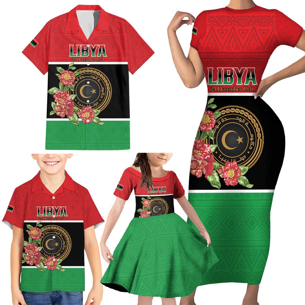 Personalized Libya Independence Day Family Matching Short Sleeve Bodycon Dress and Hawaiian Shirt Pomegranate Blossom With Libyan Seal - Wonder Print Shop