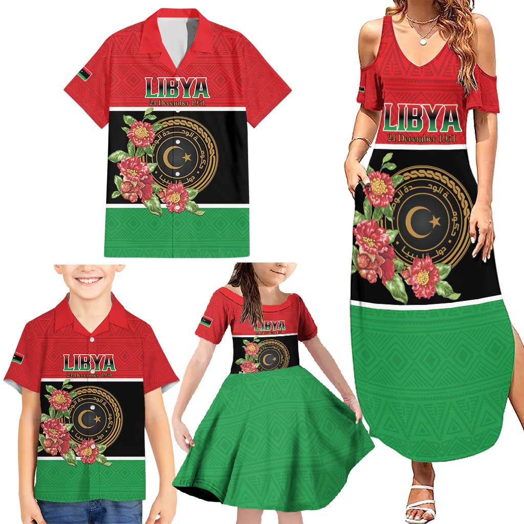 Personalized Libya Independence Day Family Matching Summer Maxi Dress and Hawaiian Shirt Pomegranate Blossom With Libyan Seal - Wonder Print Shop