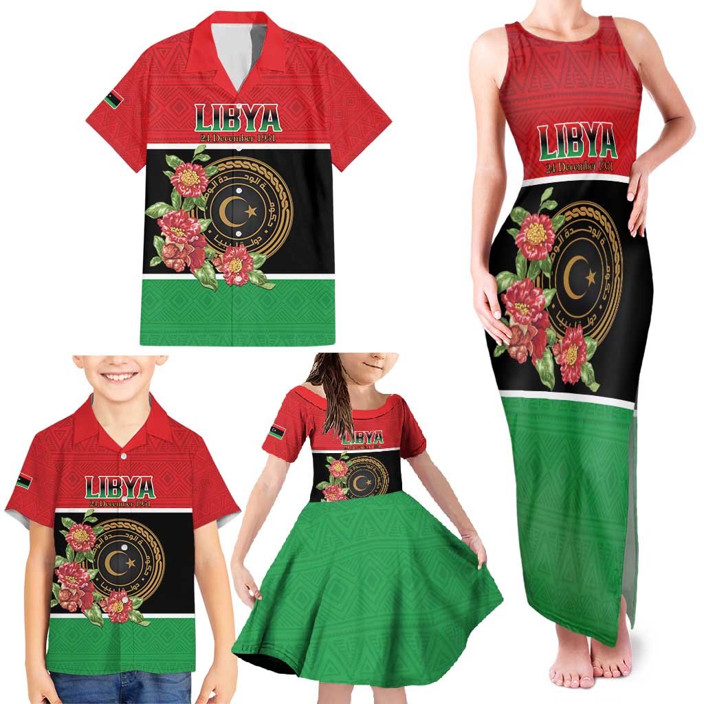 Personalized Libya Independence Day Family Matching Tank Maxi Dress and Hawaiian Shirt Pomegranate Blossom With Libyan Seal - Wonder Print Shop
