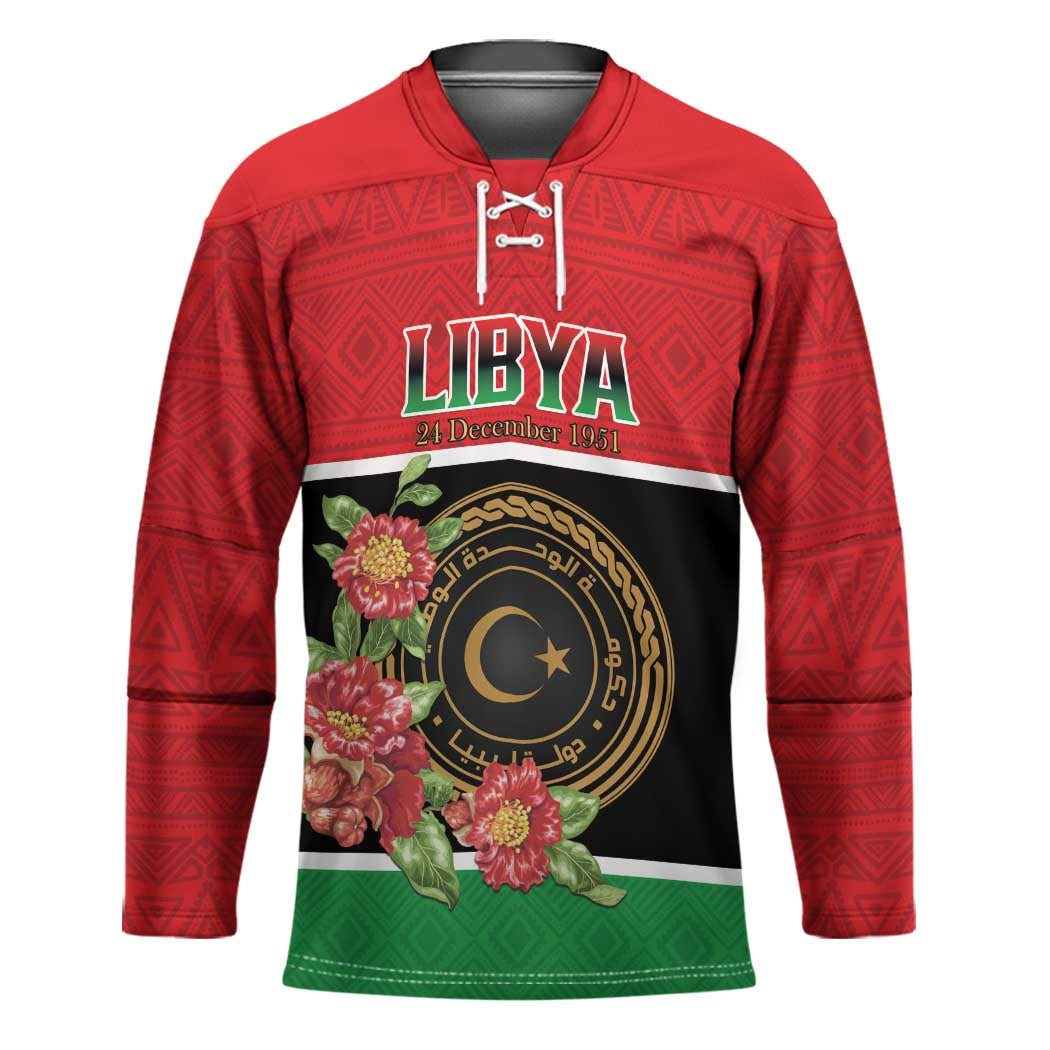 Personalized Libya Independence Day Hockey Jersey Pomegranate Blossom With Libyan Seal - Wonder Print Shop