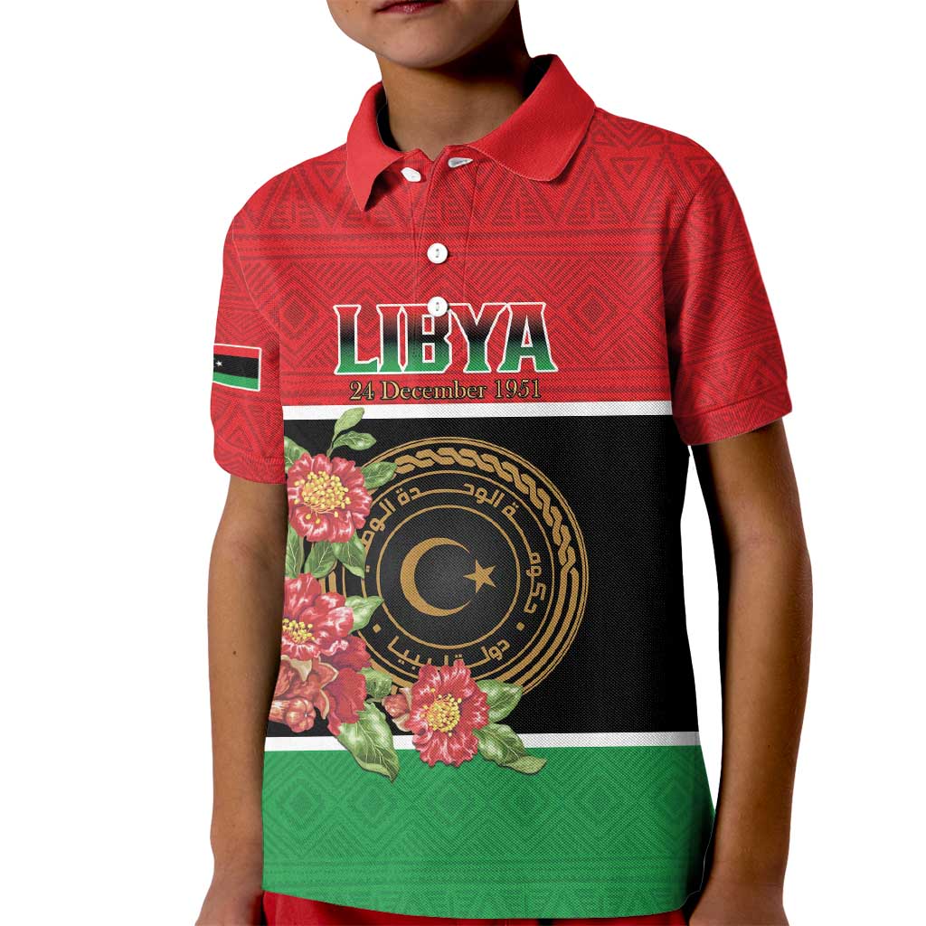 Personalized Libya Independence Day Kid Polo Shirt Pomegranate Blossom With Libyan Seal - Wonder Print Shop