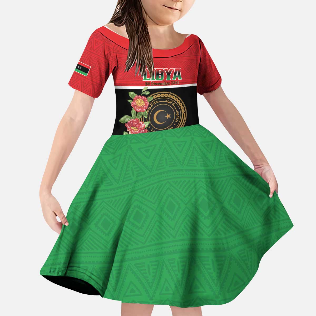 Personalized Libya Independence Day Kid Short Sleeve Dress Pomegranate Blossom With Libyan Seal - Wonder Print Shop