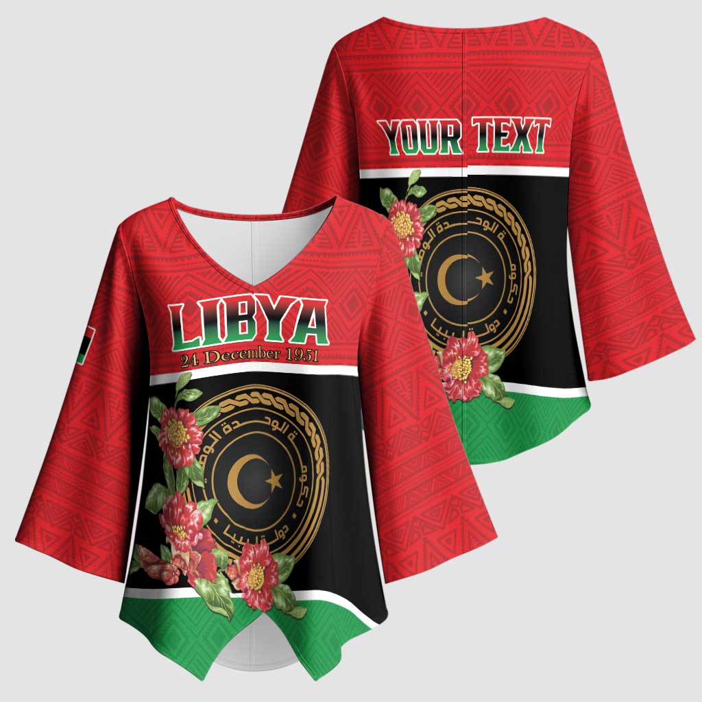 Personalized Libya Independence Day Kimono Sleeve Blouse Pomegranate Blossom With Libyan Seal - Wonder Print Shop