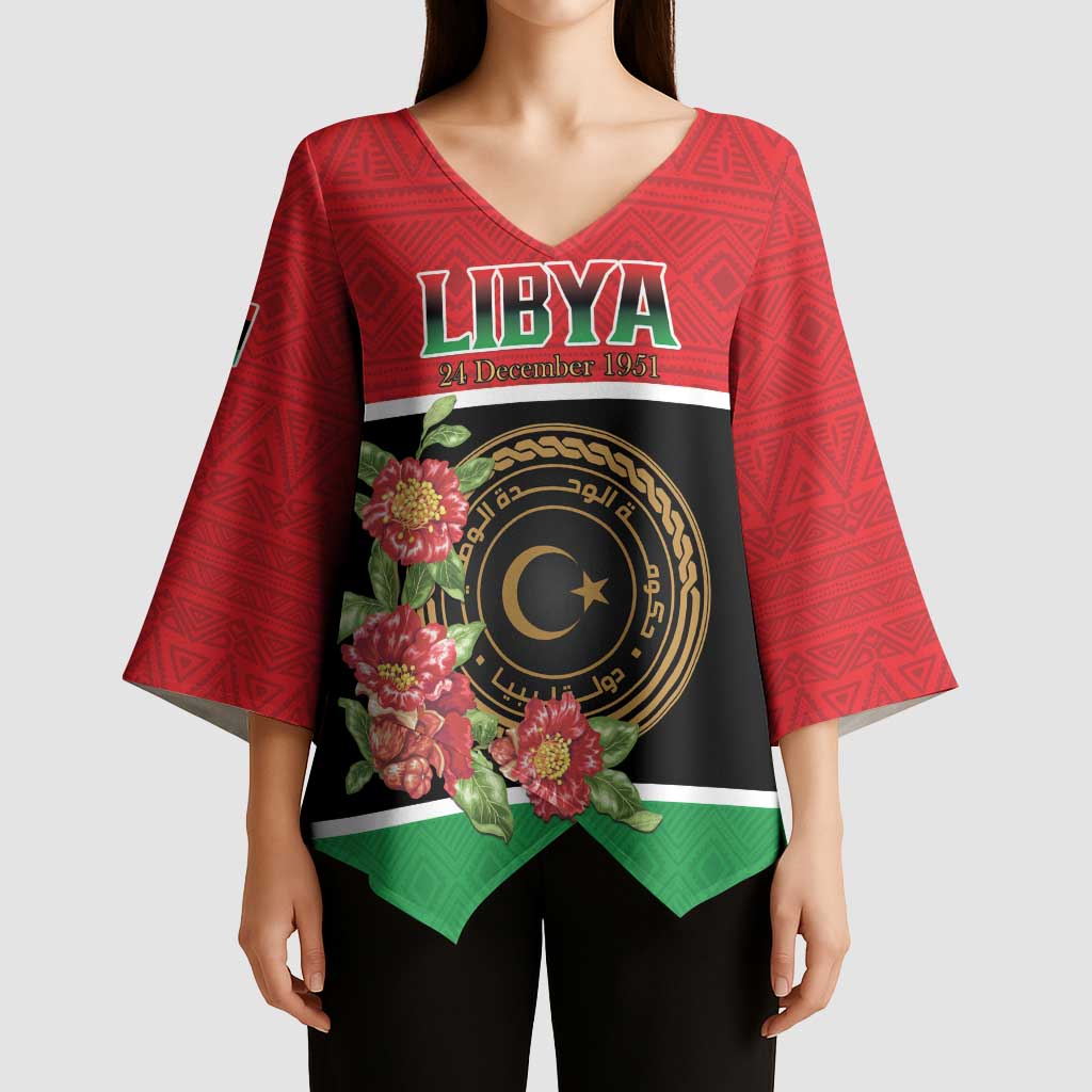 Personalized Libya Independence Day Kimono Sleeve Blouse Pomegranate Blossom With Libyan Seal - Wonder Print Shop