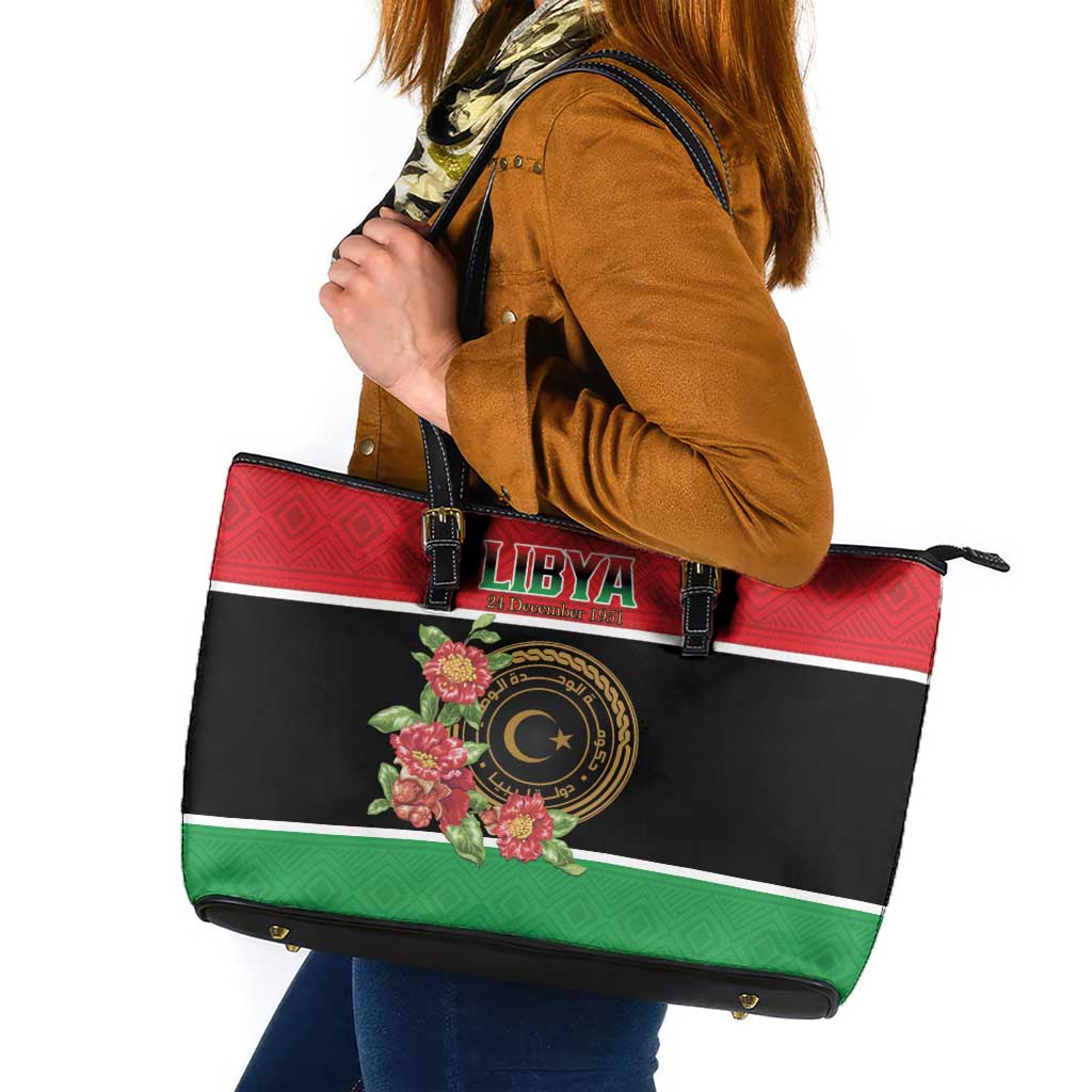 Libya Independence Day Leather Tote Bag Pomegranate Blossom With Libyan Seal - Wonder Print Shop