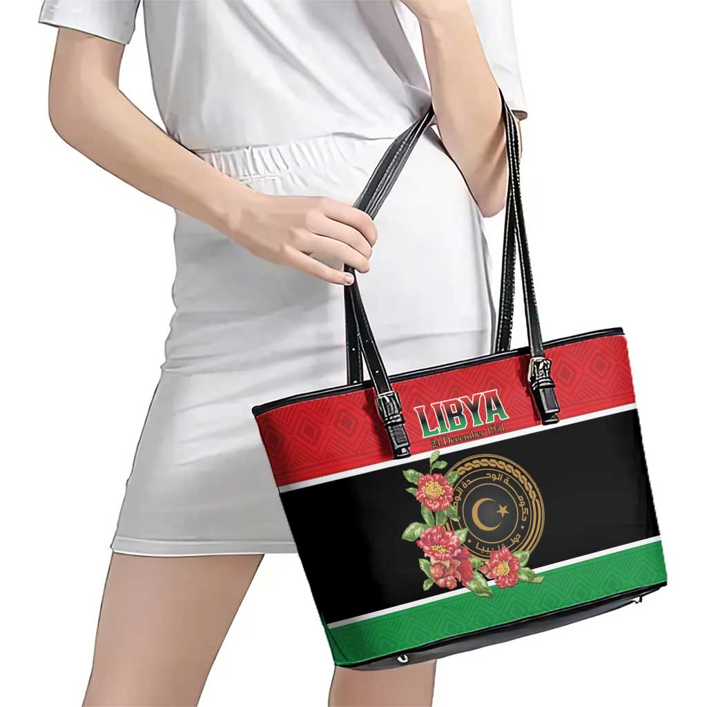 Libya Independence Day Leather Tote Bag Pomegranate Blossom With Libyan Seal - Wonder Print Shop