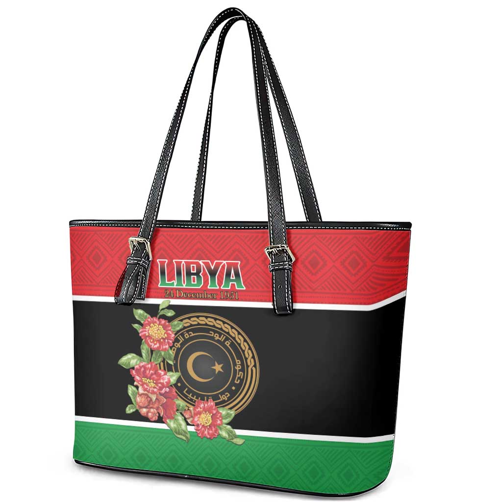 Libya Independence Day Leather Tote Bag Pomegranate Blossom With Libyan Seal - Wonder Print Shop