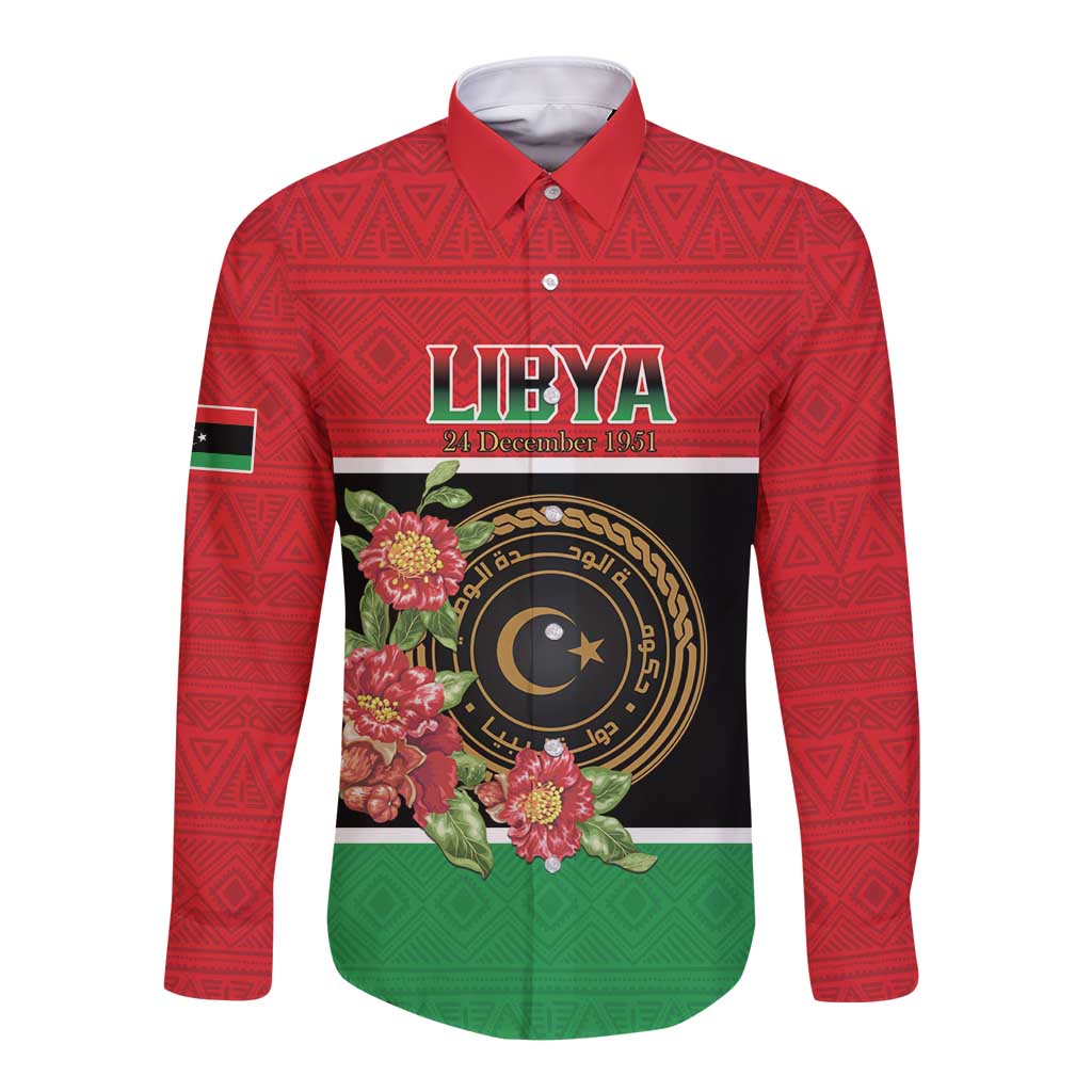 Personalized Libya Independence Day Long Sleeve Button Shirt Pomegranate Blossom With Libyan Seal - Wonder Print Shop