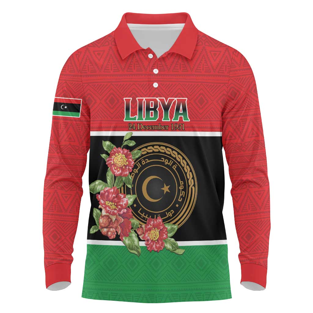 Personalized Libya Independence Day Long Sleeve Polo Shirt Pomegranate Blossom With Libyan Seal - Wonder Print Shop