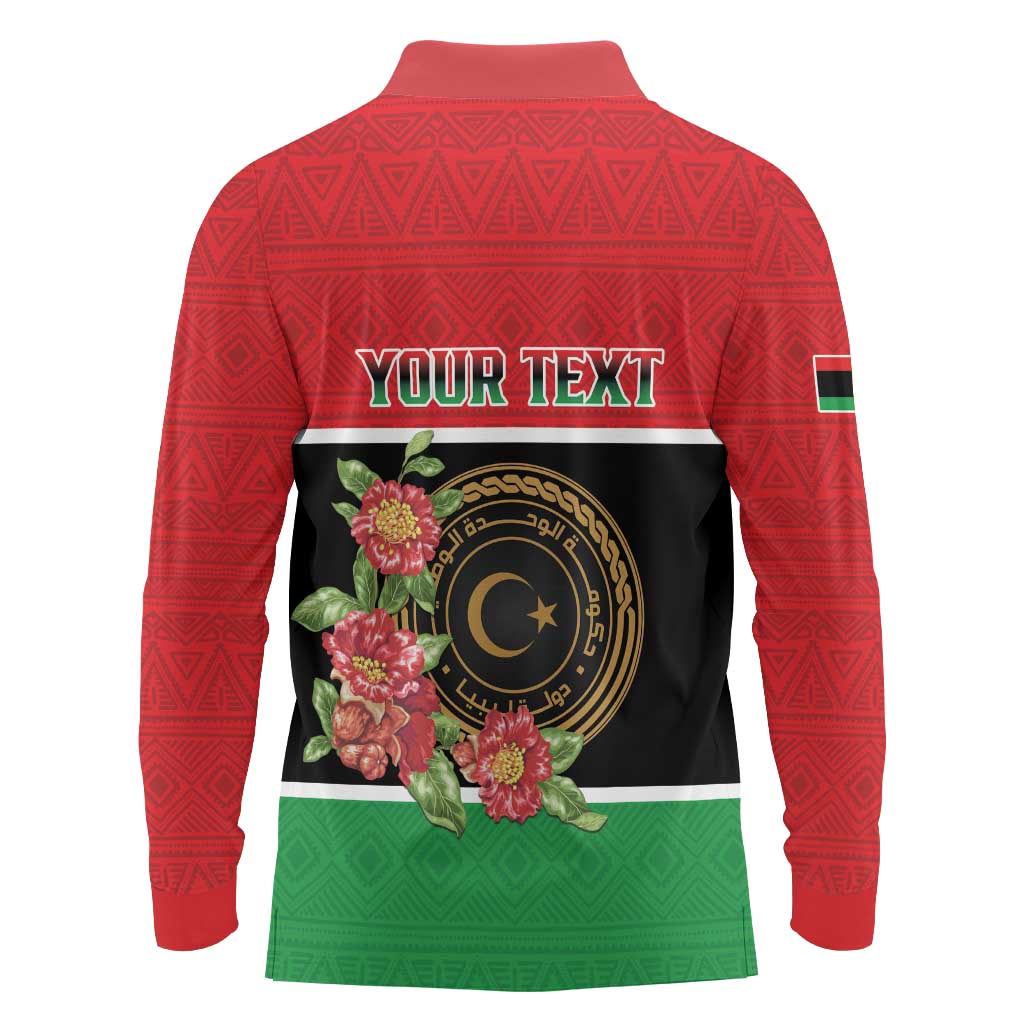 Personalized Libya Independence Day Long Sleeve Polo Shirt Pomegranate Blossom With Libyan Seal - Wonder Print Shop