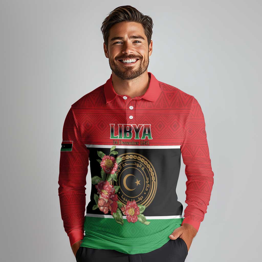 Personalized Libya Independence Day Long Sleeve Polo Shirt Pomegranate Blossom With Libyan Seal - Wonder Print Shop