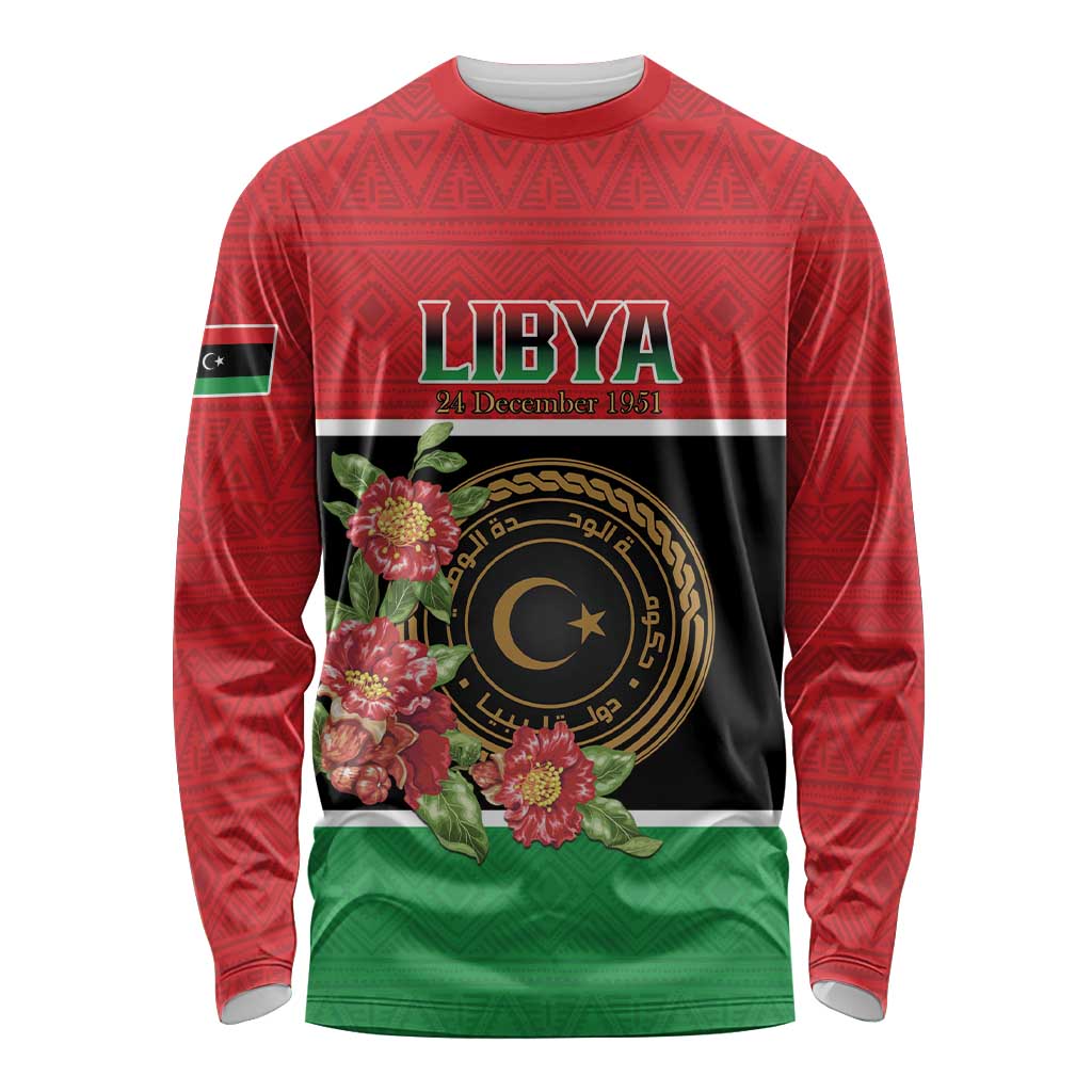 Personalized Libya Independence Day Long Sleeve Shirt Pomegranate Blossom With Libyan Seal - Wonder Print Shop