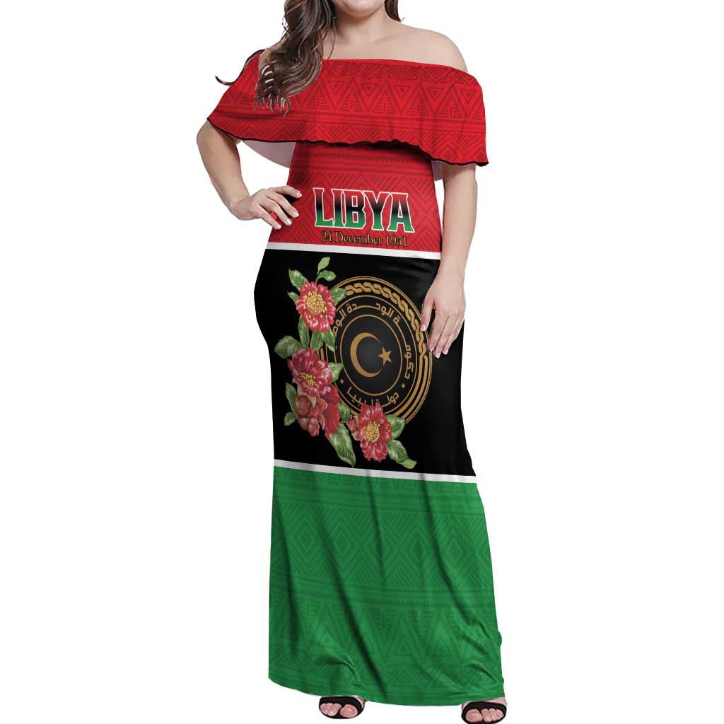 Personalized Libya Independence Day Off Shoulder Maxi Dress Pomegranate Blossom With Libyan Seal - Wonder Print Shop