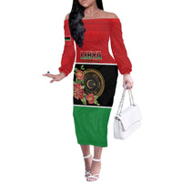 Personalized Libya Independence Day Off The Shoulder Long Sleeve Dress Pomegranate Blossom With Libyan Seal - Wonder Print Shop